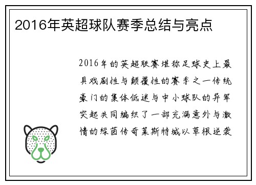 2016年英超球队赛季总结与亮点