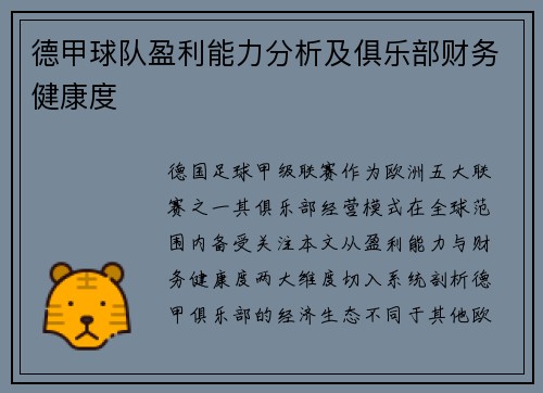 德甲球队盈利能力分析及俱乐部财务健康度