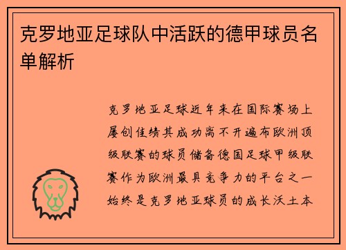 克罗地亚足球队中活跃的德甲球员名单解析